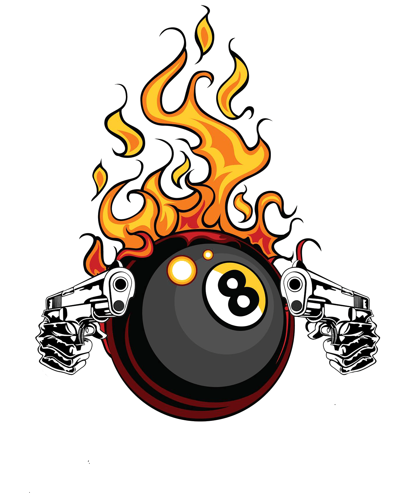 Logo boule 8 en feu avec deux pistolets