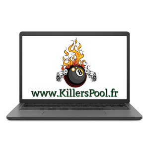 Ordinateur portable affichant le logo Killers Pool avec adresse web